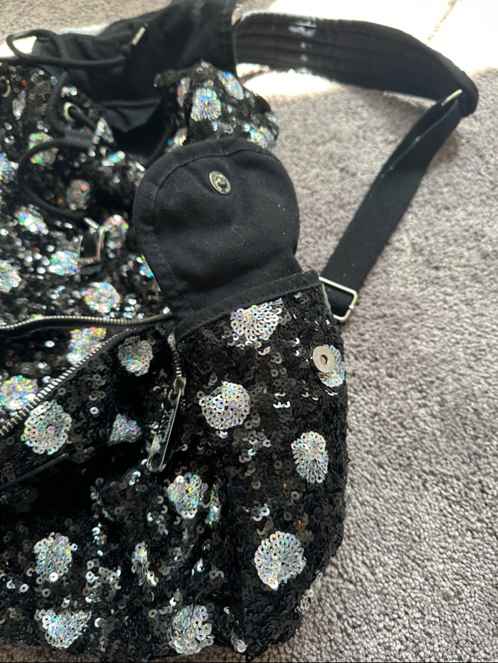 PINK Victoria's Secret Black Sequin Floral Drawstring Backpack - Picture 7 of 9